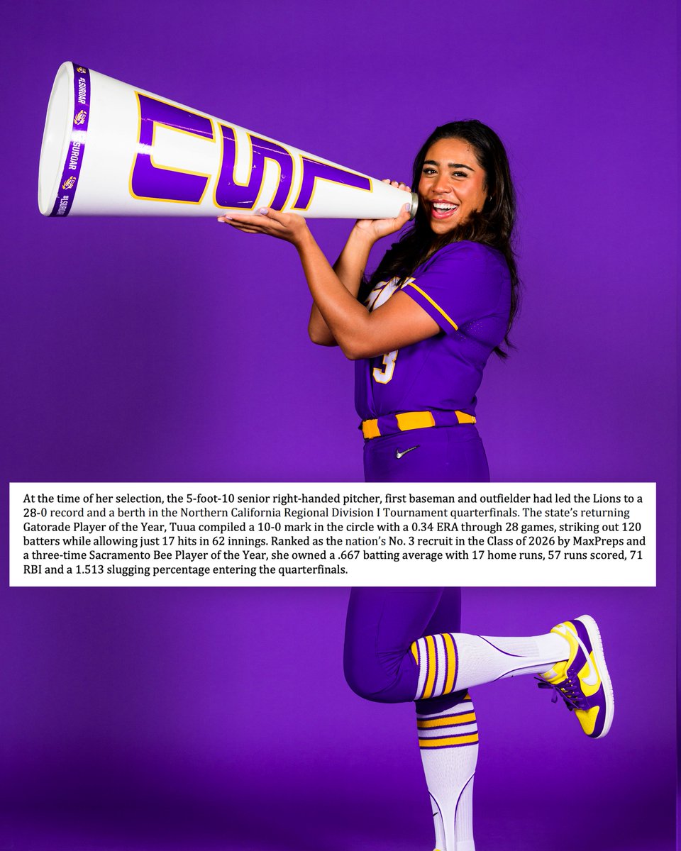 LSUsoftball's tweet photo. Bringing some more hardware from Cali to the Bayou 🐊

The biggest congratulations to our incoming freshie @ayla_tuua on being named the BACK-TO-BACK California Player of the Year! See you soon! 💜 https://t.co/jVMz6oqMh4