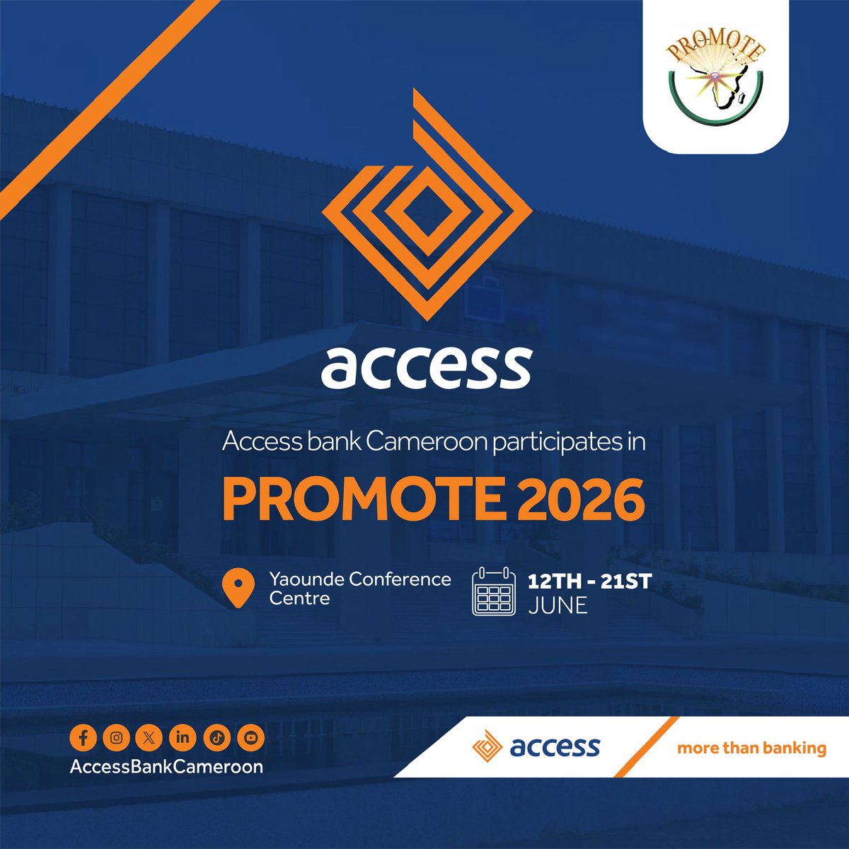 AccessBankCmr's tweet photo. Access Bank Cameroon is proud to participate in the 10th edition of PROMOTE 2026, taking place from 12th to 21st June 2026.

Join us at this major business and trade exhibition as we showcase innovative banking solutions, connect with businesses, and drive conversations that shape the future of growth and enterprise.

We will also host conferences and educate visitors on financial solutions designed to empower individuals, strengthen businesses, and improve livelihoods.

Stay tuned for more.
---

Access Bank Cameroon est fière de participer à la 10ᵉ édition de PROMOTE 2026, qui se tiendra du 12 au 21 juin 2026.

Rejoignez-nous à ce grand salon international du commerce et des affaires, où nous présenterons nos solutions bancaires innovantes, rencontrerons les entreprises et contribuerons aux échanges qui façonnent l’avenir de la croissance et de l’entrepreneuriat.

Nous organiserons également des conférences et sensibiliserons les visiteurs aux solutions financières conçues pour autonomiser les individus, renforcer les entreprises et améliorer les conditions de vie.

Restez connectés pour plus de détails.

#HereForYou
#PROMOTE2026
#MoreThanBanking
#PlusQuUneBanque
#AccessBankCameroon
