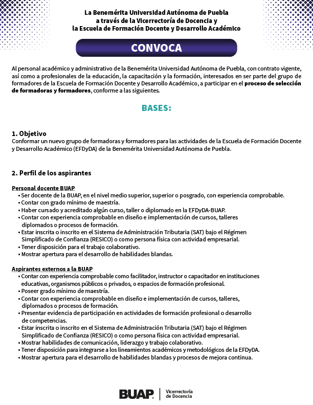 FDocenteBUAP's tweet photo. 📢 ¡CONVOCATORIA ABIERTA 2026! 👥
¡Ahora también para nivel medio superior!
¡Súmate al equipo!
¡Consulta todas las bases y participa!
#BUAP #FormaciónDocente @seguidores https://t.co/MdWkDgpr9u