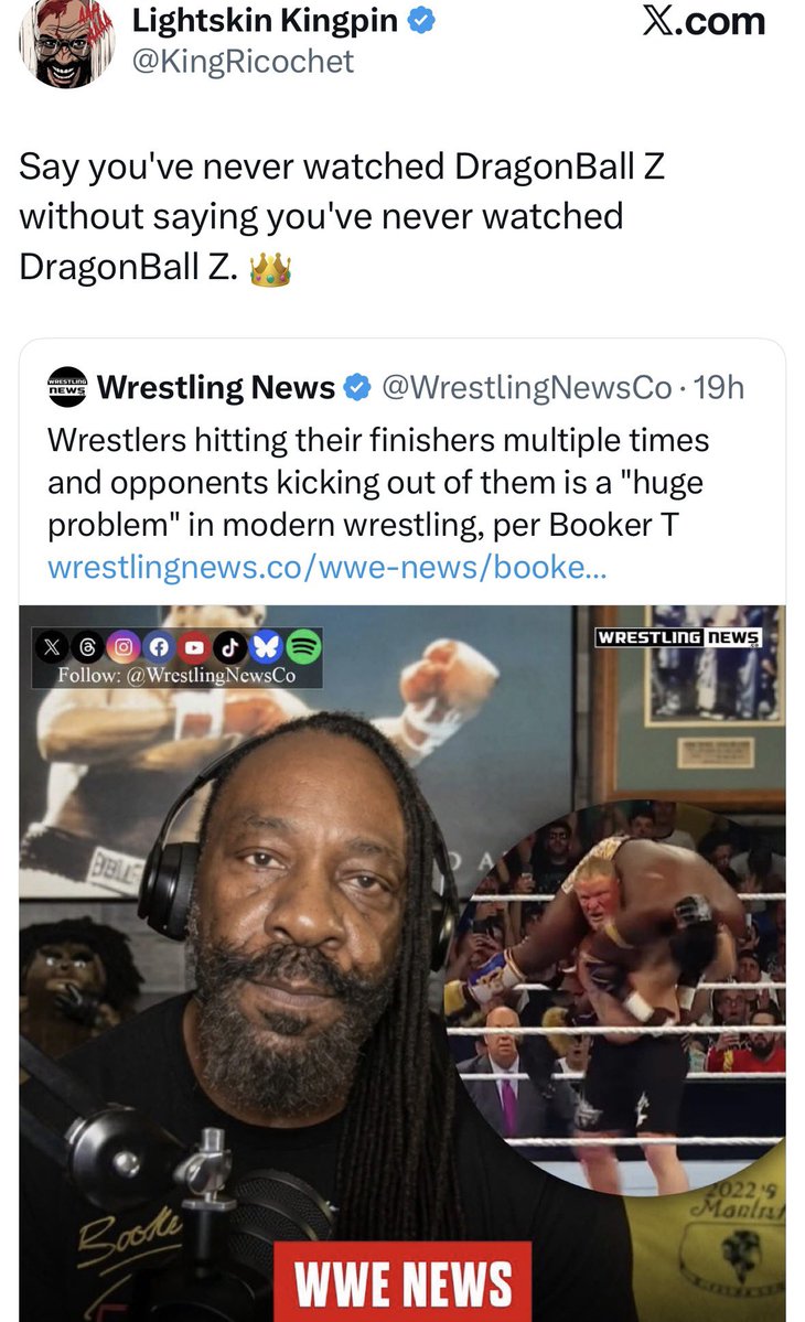 TripleHHHPaulL's tweet photo. Correct. Booker T isn’t a huge fucking nerd that bases pro wrestling on Japanese anime. https://t.co/ZfLJpXSq03