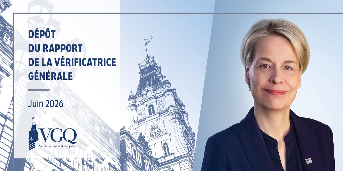 VGQuebec's tweet photo. La vérificatrice générale, Mme Christine Roy, présentera son rapport de juin 2026 à l’Assemblée nationale le mercredi 10 juin prochain!

Pour plus d’information sur la conférence de presse ou sur les sujets qui y seront abordés : https://t.co/LIgSILhtV3

#Assnat #VGQ https://t.co/hI9tQOkdrZ