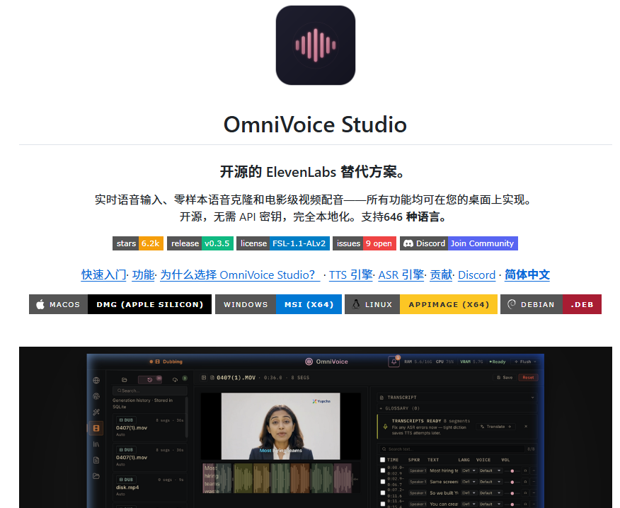 XAMTO_AI's tweet photo. 兄弟们，ElevenLabs怕是要哭了。

有个开源工具叫OmniVoice Studio，本地跑语音克隆和视频配音，支持646种语言，完全离线，不要API、不联网、不花钱。

🔗 https://t.co/h3hntHtNHm

1️⃣ 3秒音频就能克隆任何人的声音，跨语言直接复制
2️⃣ 丢个YouTube链接进去，自动转录、翻译、重配音，导出MP4
3️⃣ 全局快捷键说话转文字，任何App都能直接粘贴
4️⃣ 声轨分离加说话人识别，背景音乐自动剥离
5️⃣ 批量丢50个视频后台自动跑

Mac、Win、Linux全支持，下载即用。

还在云端按字符付费的，真该醒醒��。