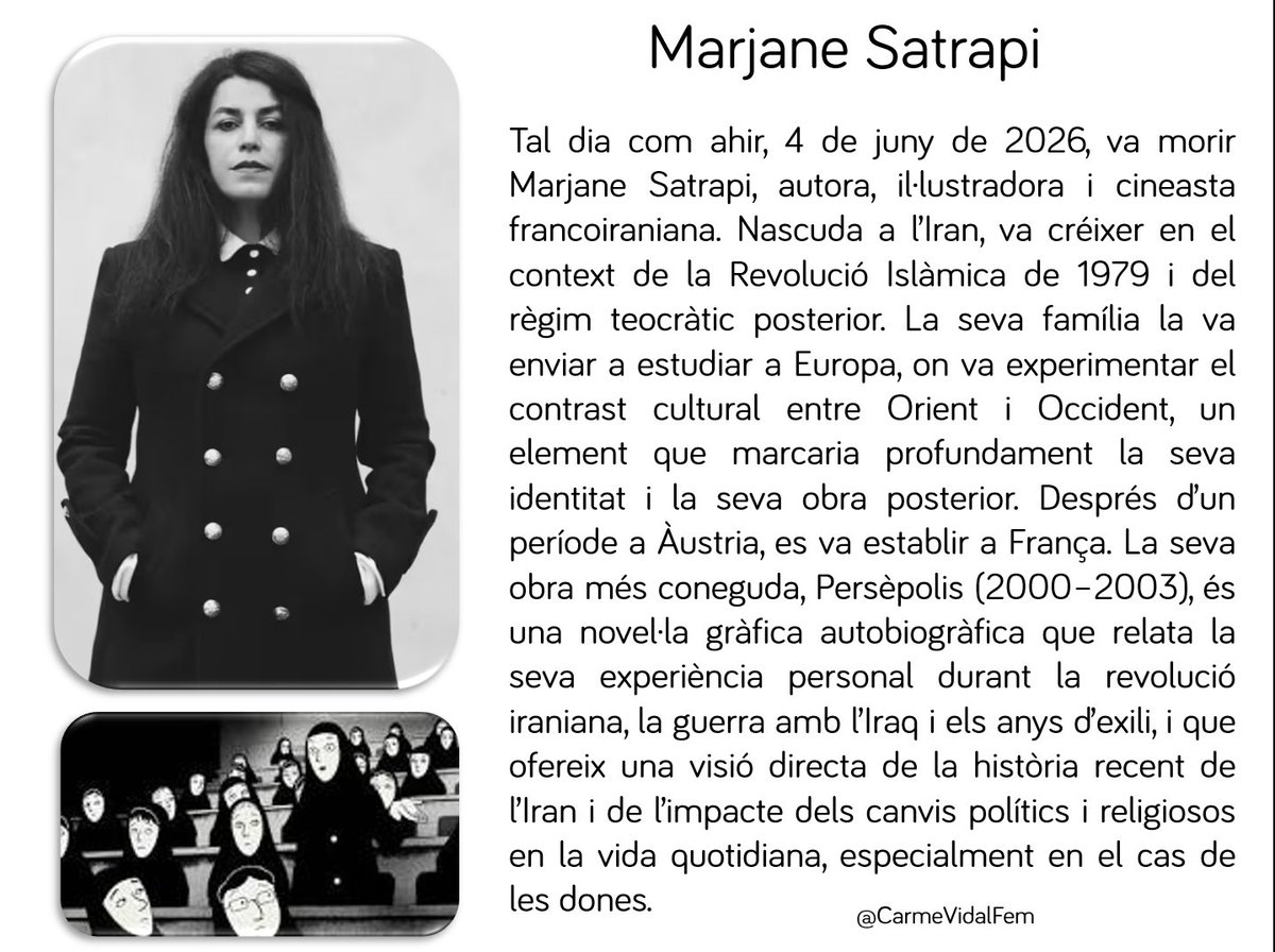 CarmeVidalFem's tweet photo. Ens ha deixat Marjane Satrapi, autora de Persèpolis, una obra clau per entendre la revolució iraniana, l’exili i la mirada de les dones. El seu llegat continua viu.
#MarjaneSatrapi #Persepolis #NovelLaGràfica #Cultura #Iran #Feminisme #MemòriaHistòrica #DretsHumans https://t.co/33lfdwsF0a