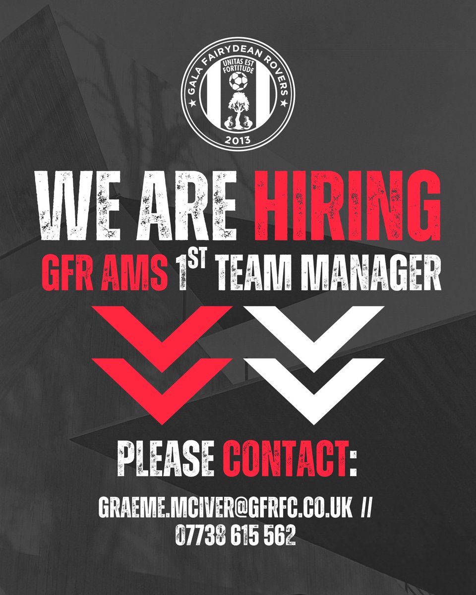GFRTrust's tweet photo. Gala Fairydean Rovers Amateurs - Manager and Coaches Wanted
Are you passionate about local football and motivated to help players develop both on and off the pitch? We are seeking an enthusiastic and committed Manager and coaching team to lead our Border Am A Div squad. https://t.co/GZRJyUk0JE