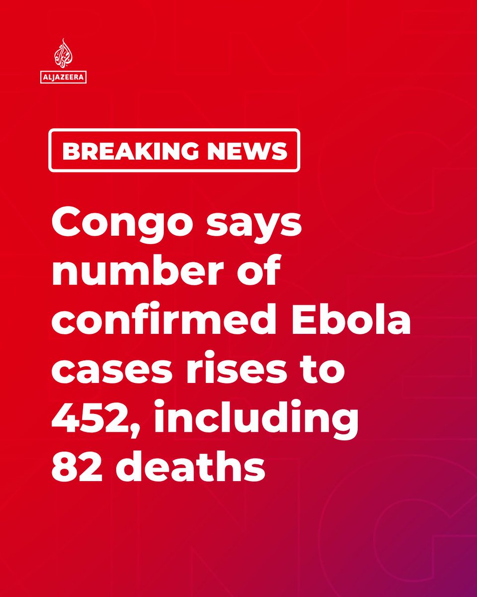 AJENews's tweet photo. BREAKING: DR Congo has reported 71 new Ebola cases in the past 24 hours, bringing the total number of confirmed infections to 452, including 82 deaths.

🔴 More on https://t.co/hGzrK2N8WC https://t.co/9fqH9syOdx
