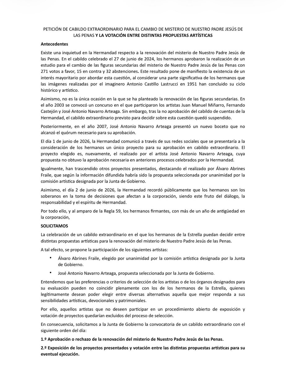 PabloGTorrejon's tweet photo. 🟣 #MisterioEstrella | Un grupo de hermanos de la @hdadlaestrella abre un proceso de recogida de firmas para pedir a la Junta de Gobierno que se elija entre las opciones de Arteaga y Abrines en el Cabildo Extraordinario. https://t.co/4JJjc4dSCw