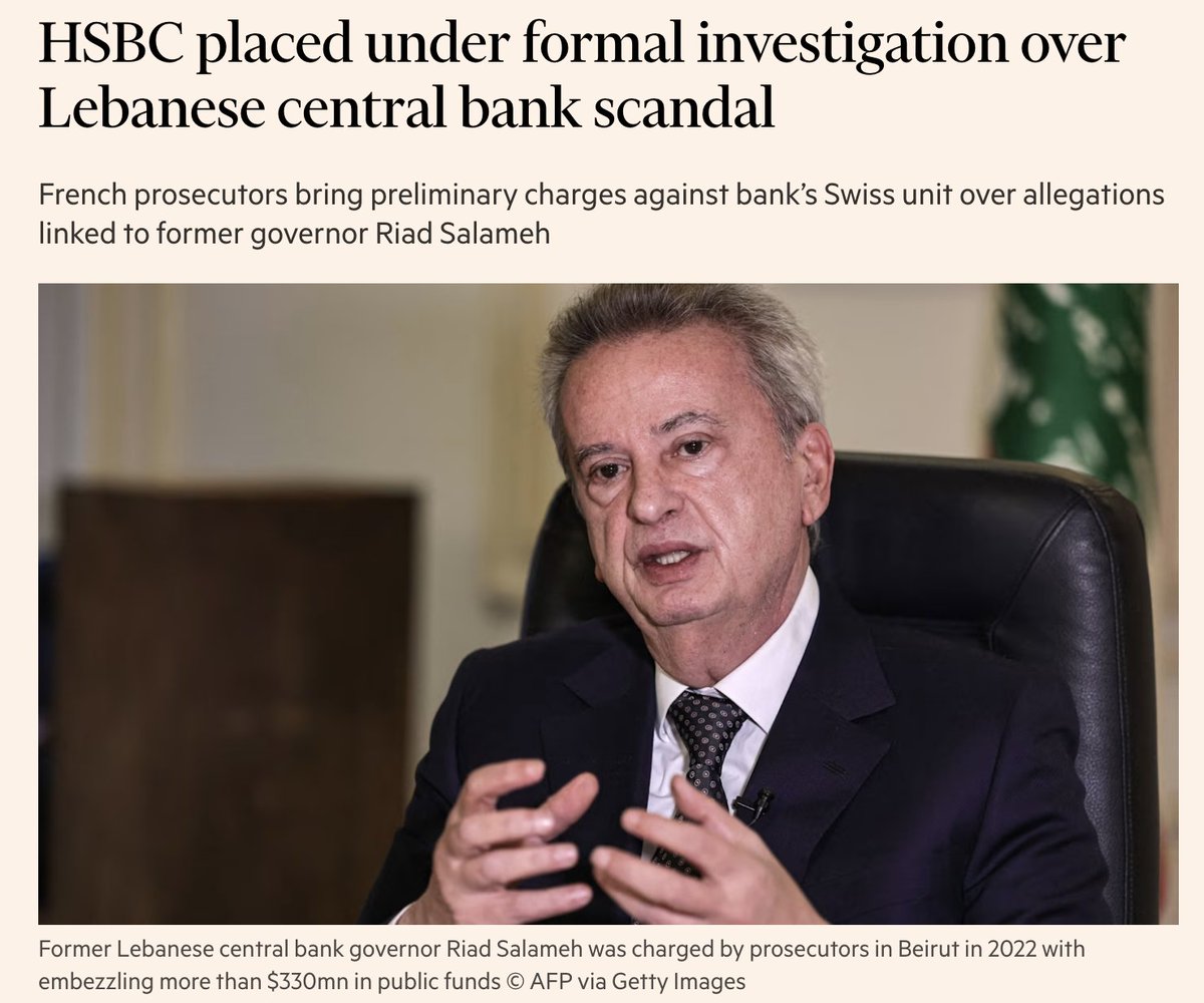 961Zone's tweet photo. الادعاء العام الفرنسي يفتح تحقيقاً رسمياً ضد بنك HSBC (فرع سويسرا) للاشتباه في تورطه بمساعدة رياض سلامة في اختلاس أموال عامة. ملف شائك قد يضع البنك في مواجهة تداعيات قانونية كبيرة. 📉🚨 #اقتصاد #تحقيقات #HSBC #رياض_سلامة 
https://t.co/CURFMeUeQo https://t.co/iGiRJ3gzfC