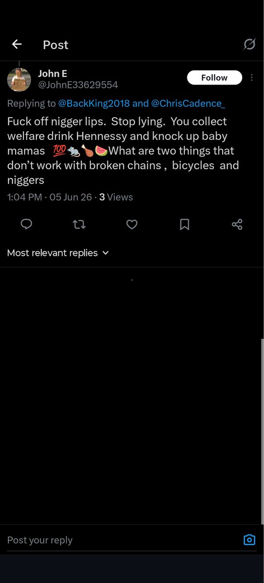 Synark_'s tweet photo. @JohnE33629554 @WeSaidDestroy_ @JohnLeFevre That’s a racist statement you fucking racist. https://t.co/d738AGx5mK