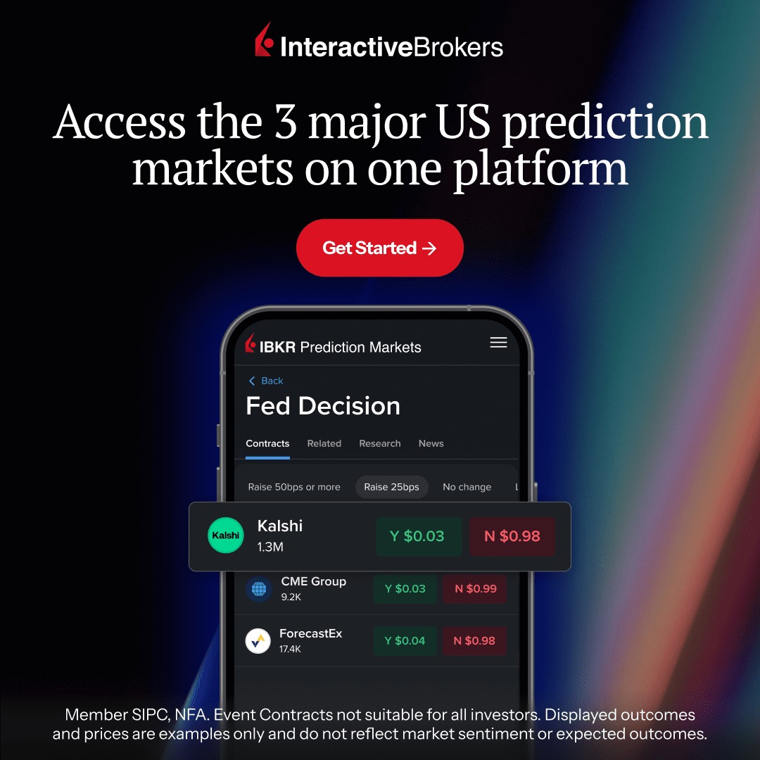 IBKR's tweet photo. Trade Fed decision prediction markets at Interactive Brokers. Compare prices across prediction markets fast and trade instantly — all from one powerful platform. Get started.