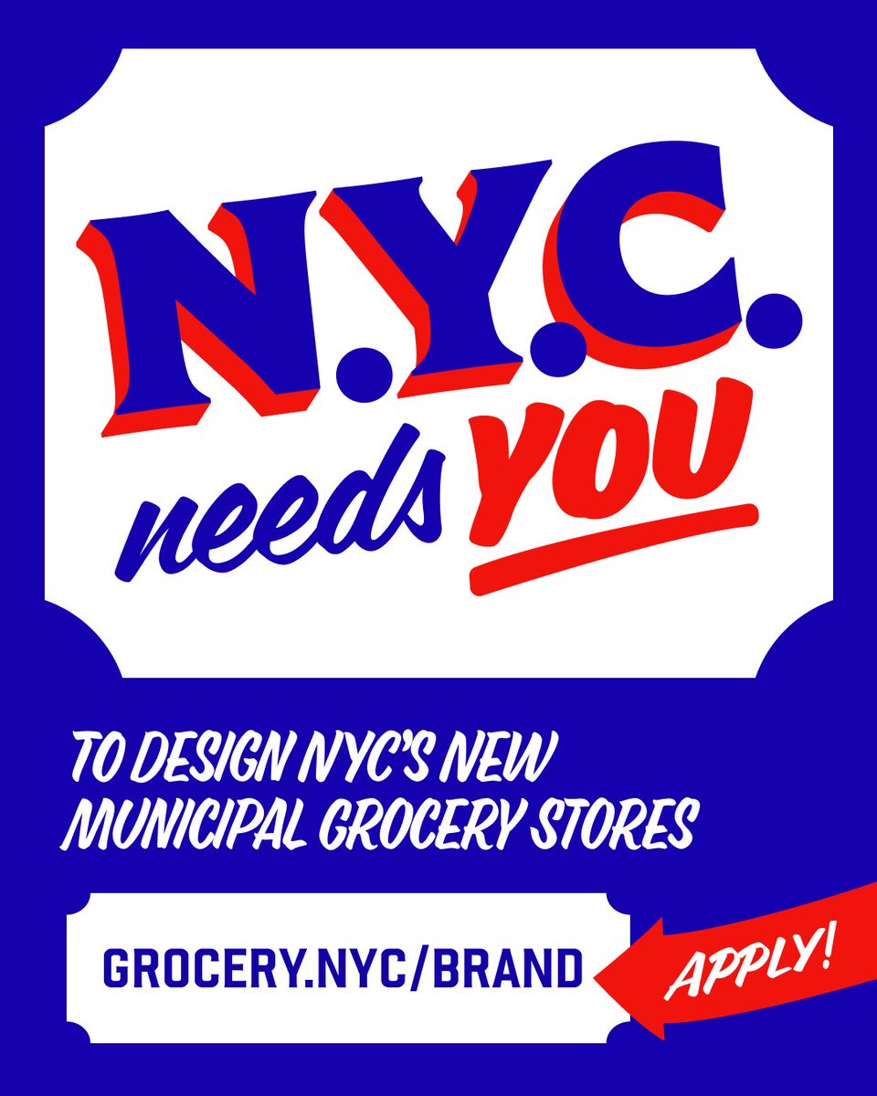 NYCMayor's tweet photo. Grocery prices are rising faster than wages, so we’re launching 5 municipal grocery stores with lower prices.

But people can't benefit from resources they don't know about. We need expert branding for New York's city-owned grocery stores to properly serve New Yorkers.

Help spread the word: We're accepting design proposals at https://t.co/I2dfbUIpq5 until June 30, 2026 at 4:30 PM ET.