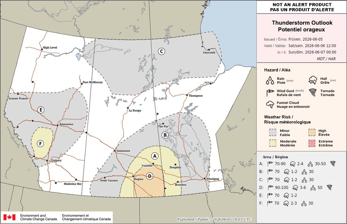 HunterMarkewich's tweet photo. Day two outlook issued. Expect super cell storms in the orange and yellow region, capable of producing large to very large hail, and the possibility of a tornado. Make sure to stay tuned to ECCC alerts for Saturday and Sunday. https://t.co/7CXCQPqKn1
#skstorm #mbstorm https://t.co/lJ1ktP6vAL