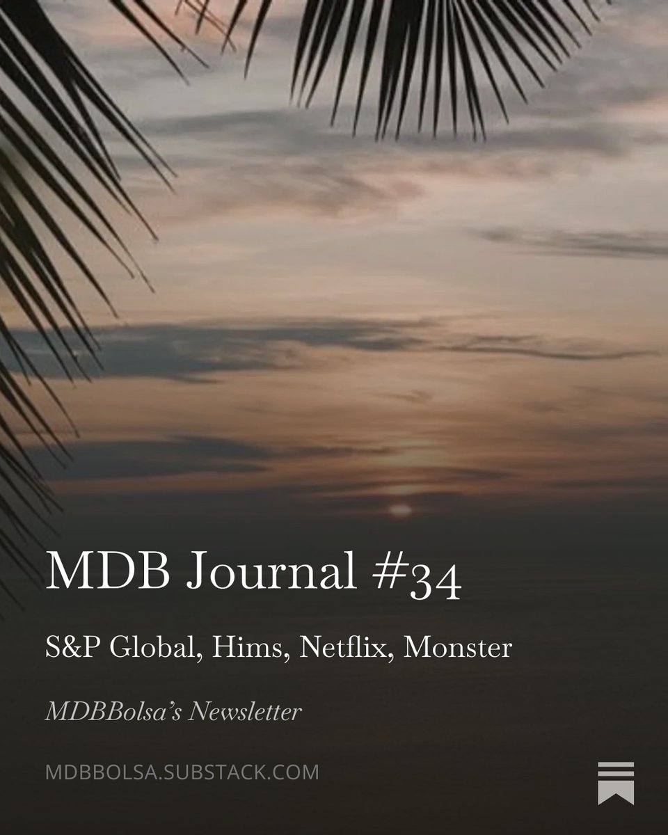 MDBBolsa's tweet photo. ⚠️ Vuelven los MDB Journals 🥳

🔓 En abierto para todos

🗓️ Todos los fines de verano 

Esta semana: 
📈 $SPGI  
💊 $HIMS
🎥 $NFLX
🍹 $MNST 

Donde siempre, en el 🔗 fijado en mi descripción 🟠

Espero que os guste de nuevo la sección más popular de la Nius 😈
