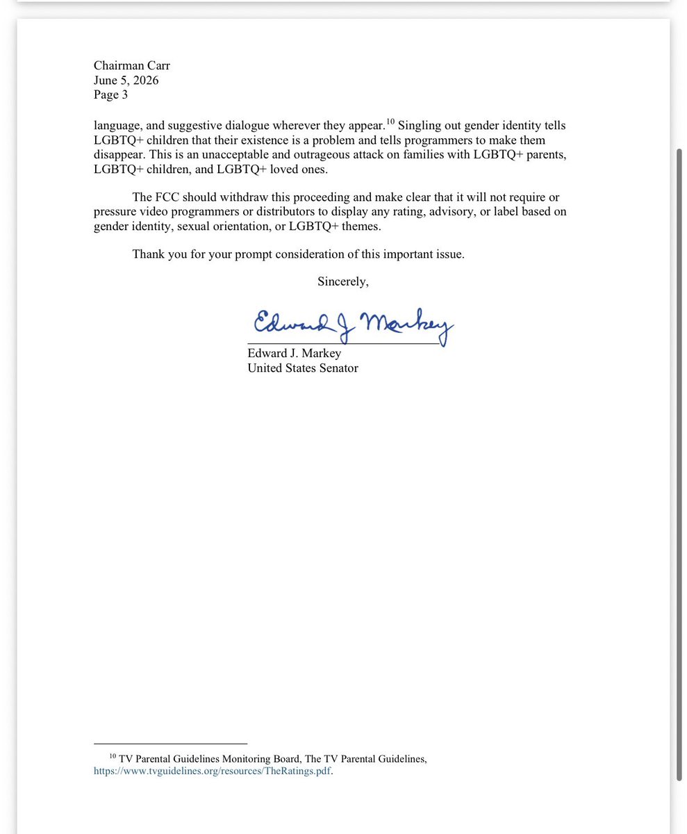 BrendanCarrFCC's tweet photo. Democrat Senator Ed Markey wants to ensure that Hollywood can secretly insert & promote controversial gender ideology in children’s programming without any notice or transparency to parents.

Recently, parents have raised concerns that programming promoting transgender and gender non-binary ideologies are being rated as appropriate for young children without providing any information to parents.

The FCC is asking about empowering parents with more information so that they can make their own decisions about what is appropriate for their families. 

Senator Markey wants the FCC to shut down that effort.