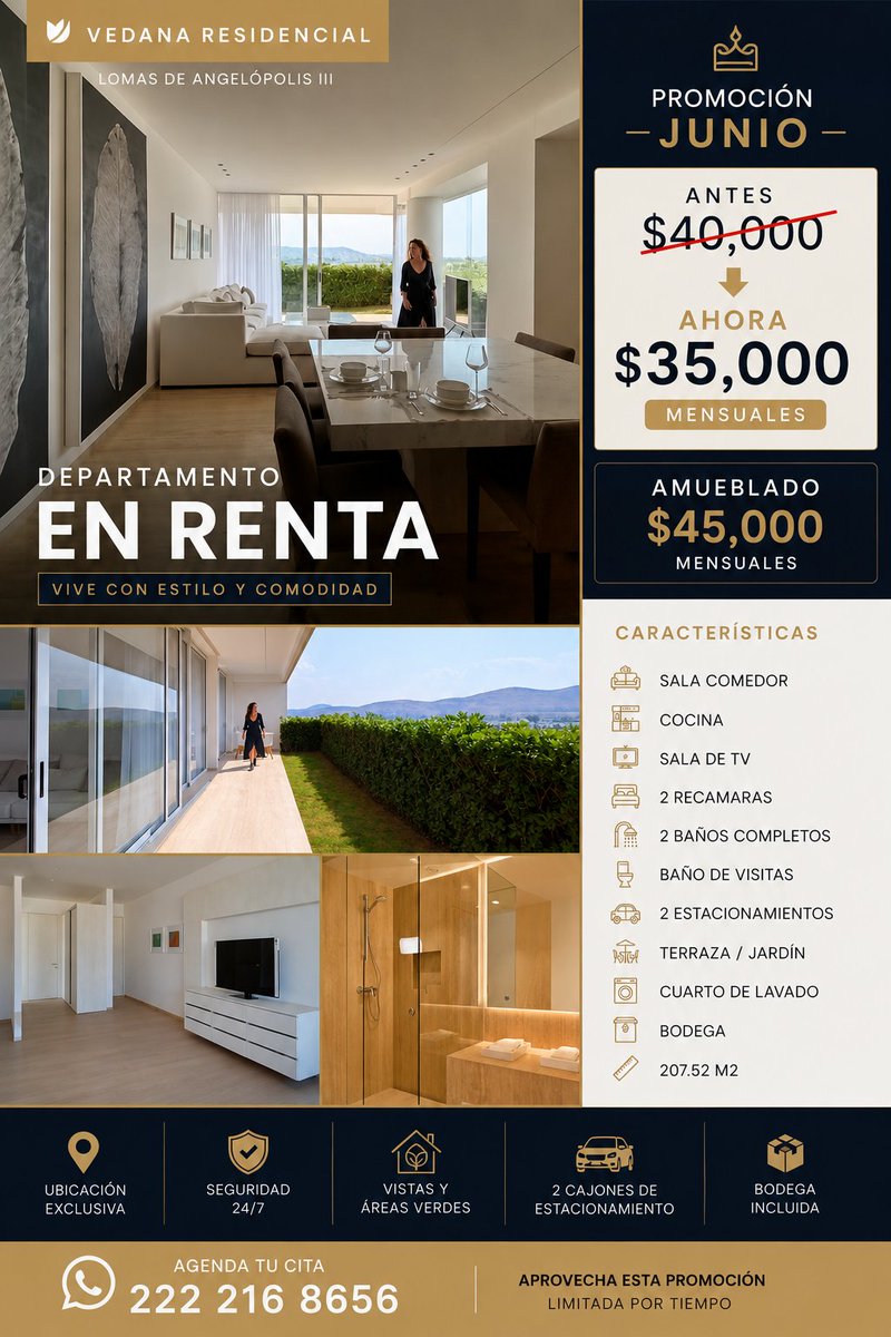 Proyecto_BR's tweet photo. 🔥 PROMOCIÓN ESPECIAL EN VEDANA RESIDENCIAL 
💰 Antes: $40,000 mensuales
🎯 Promoción Junio: $35,000 mensuales
¿Lo prefieres amueblado?
🛋️ $45,000 mensuales
Esta promoción es por tiempo limitado.
📲 Agenda tu visita hoy:
222 216 8656 https://t.co/j00FEqKpTi
