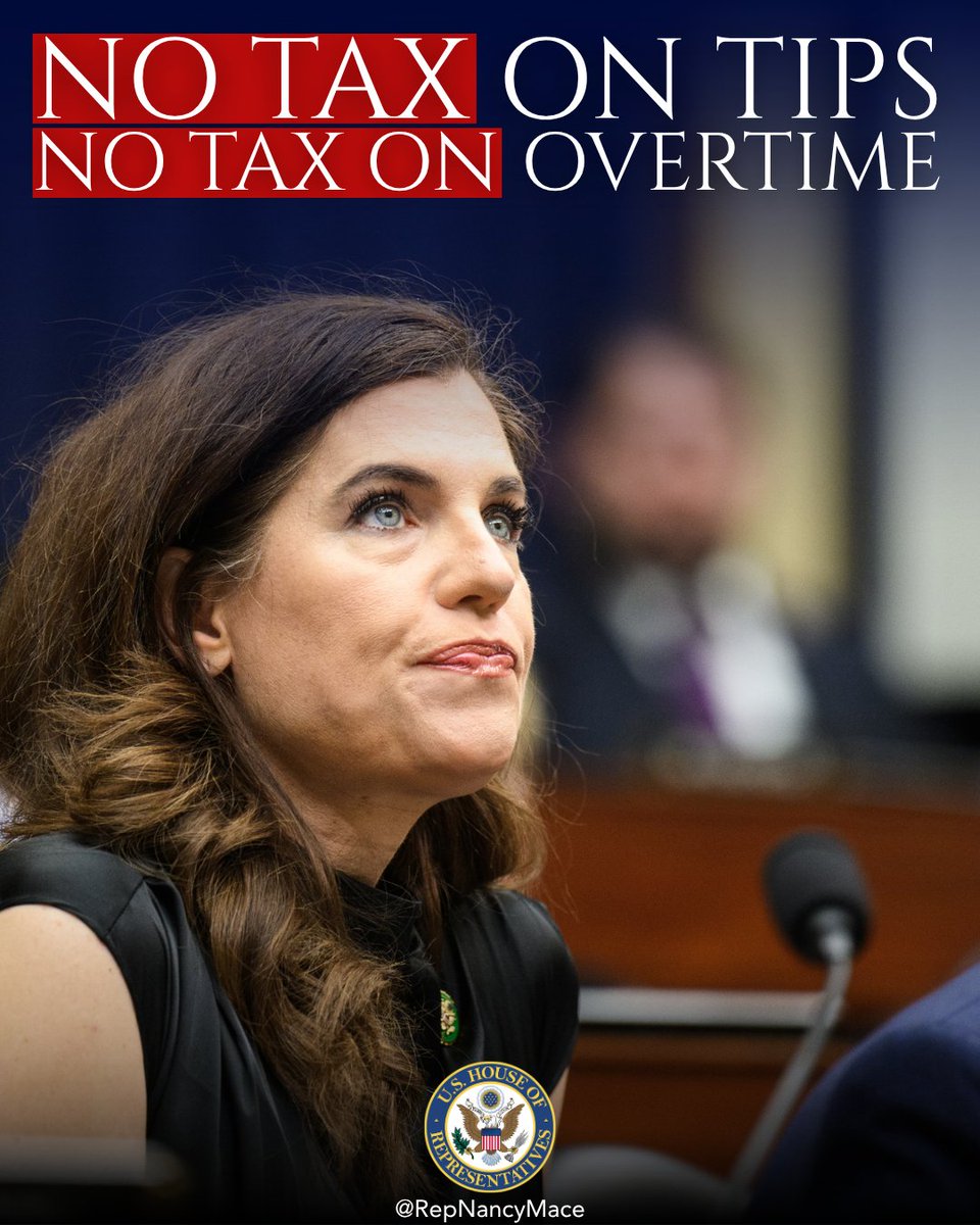 RepNancyMace's tweet photo. We supported the legislation to deliver no tax on tips and no tax on overtime pay.

The money you earned belongs to you. Washington has been taking too much of it for too long. Not anymore.

The server pulling double shifts on a Saturday night. The nurse clocking in before sunrise. The construction worker grinding through the summer heat. The single mom picking up every extra hour she can get.

Your tips are yours. Your overtime is yours. We made sure of it.

South Carolina STRONG.