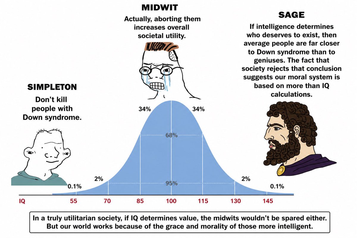 CreatorPazar's tweet photo. In conclusion the downsyndrome debate goes as follows. Midwits think downsyndrome children should be aborted, not realizing their IQ is as far from actual intellectuals as it is to downsyndromes. So in an actual utilitarian society the midwits would also be aborted, but it’s due to the grace and morality of actually intelligent people our world works.