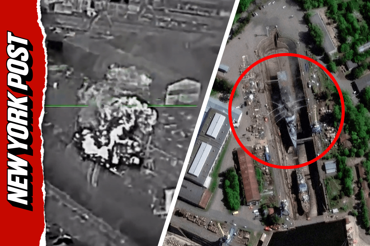 nypost's tweet photo. Drone footage shows Ukrainian strike on Russian warship near St. Petersburg https://t.co/veddClhS0I https://t.co/cfmyhPfqvO