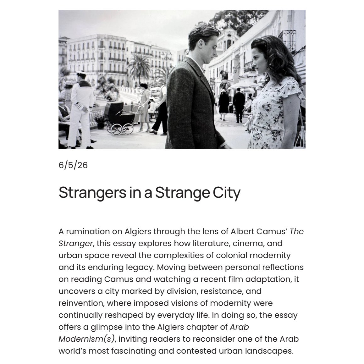 yasser09's tweet photo. Camus’ The Stranger, Algiers, and the uneasy legacy of colonial modernity. My latest Hidden Cities blog reflects on a film, a city, and why we are all strangers: “... and will return to being strange ... so glad tidings to the strangers.”
https://t.co/l6R76jHYSF https://t.co/DRu6Lrrrvd