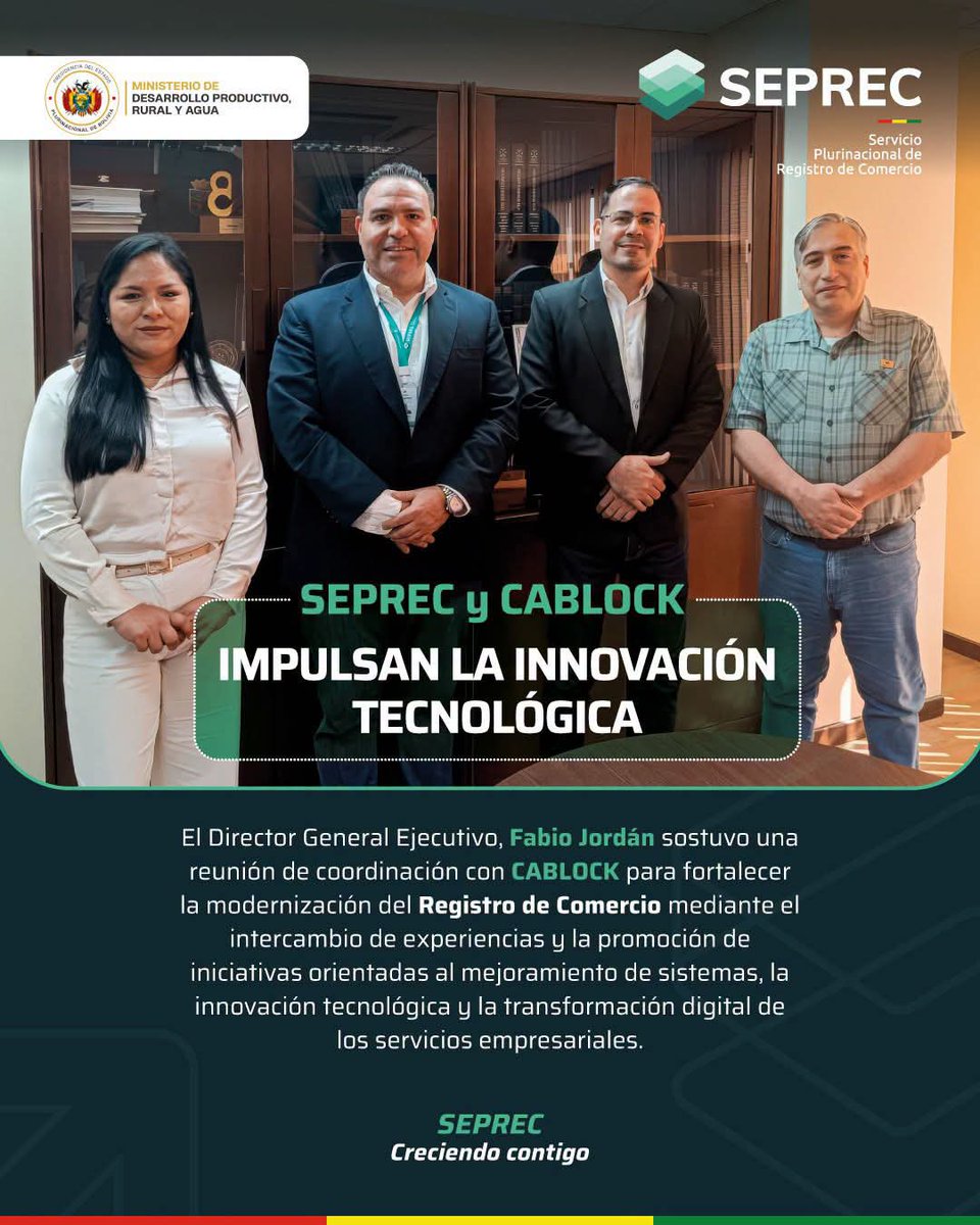 SEPRECBolivia's tweet photo. 🟢 SEPREC y CABLOCK fortalecen la coordinación para impulsar la innovación, digitalización y modernización de los trámites del Registro de Comercio. 🤝🇧🇴

#SEPREC #CreciendoContigo #TransformaciónDigital https://t.co/fE7Uh0RTA0