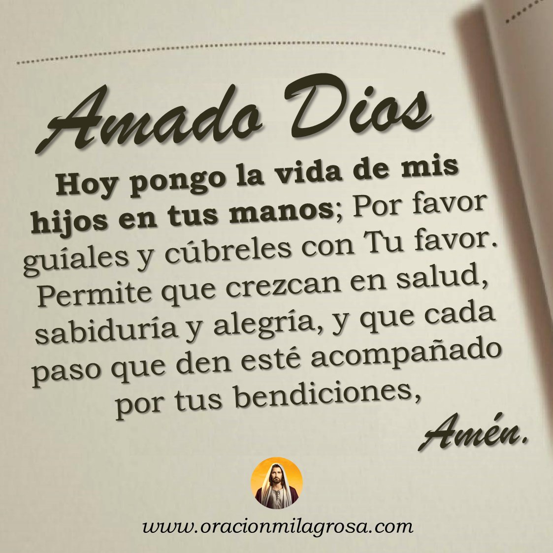 oracion_milagro's tweet photo. ORACIÓN DE LAS 7 BENDICIONES PARA LA VIDA DE TUS HIJOS: Amado Dios, hoy te entrego la vida de mis hijos con amor y fe. Por favor líbrales de todo mal y cólmales de tus bendiciones para que siempre caminen por el camino correcto.

Haz esta oración en: https://t.co/6IMWmJcuaF ✨
