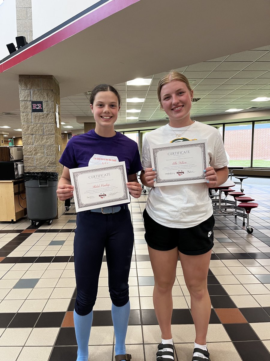 RRHSsoftball's tweet photo. Congrats to our award recipients @ellanelson0 @speidel_ella @abby_boe69 Kayla, Megan, Shiloh, Piper 
(MVPs not pictured, @JocelynBerg2027 and Addy A). Can’t wait to see what next year brings for the Roughriders! https://t.co/tg0bXvMPN4