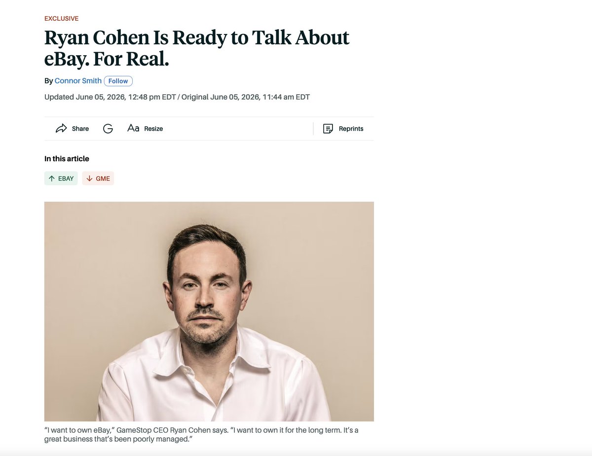 foxenflask's tweet photo. Ryan Cohen's media tour continues, this time with an exclusive interview with Barron's speaking about the $GME x $EBAY takeover bid, amongst a few other interesting topics.

1/5 🧵 https://t.co/BX9KIIVr1X