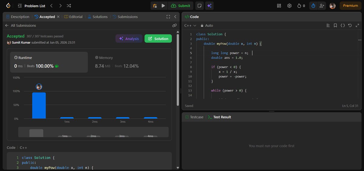 AIDev_Sumit's tweet photo. Day 5/45 of the #SDESheetChallenge 🚀

Solved today:
✅ Search in a 2D Matrix
✅ Pow(x, n)
✅ Majority Element-I
Learned:
• Binary Search on Matrix
• Binary Exponentiation
• Moore's Voting Algorithm
3 more steps forward. Consistency is the goal. 💪
#DSA #LeetCode #CPP https://t.co/hjvR1HYDCH