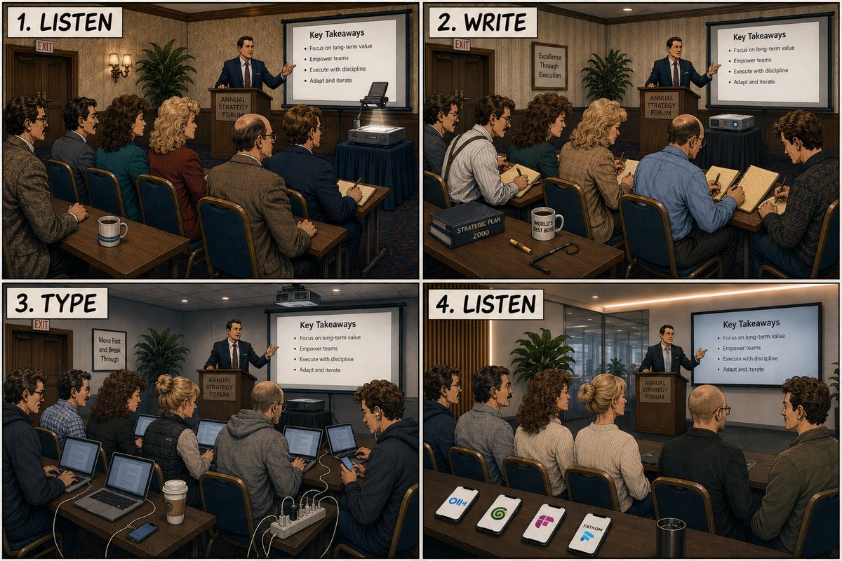 dslevy's tweet photo. 👂Listen. 🖊️ Write. ⌨️ Type. 🤖 Listen.

A short history of pretending to pay attention.

(Drag through 22,000 years of the same meeting via interactive version in comments.) https://t.co/4giJYYLl4e