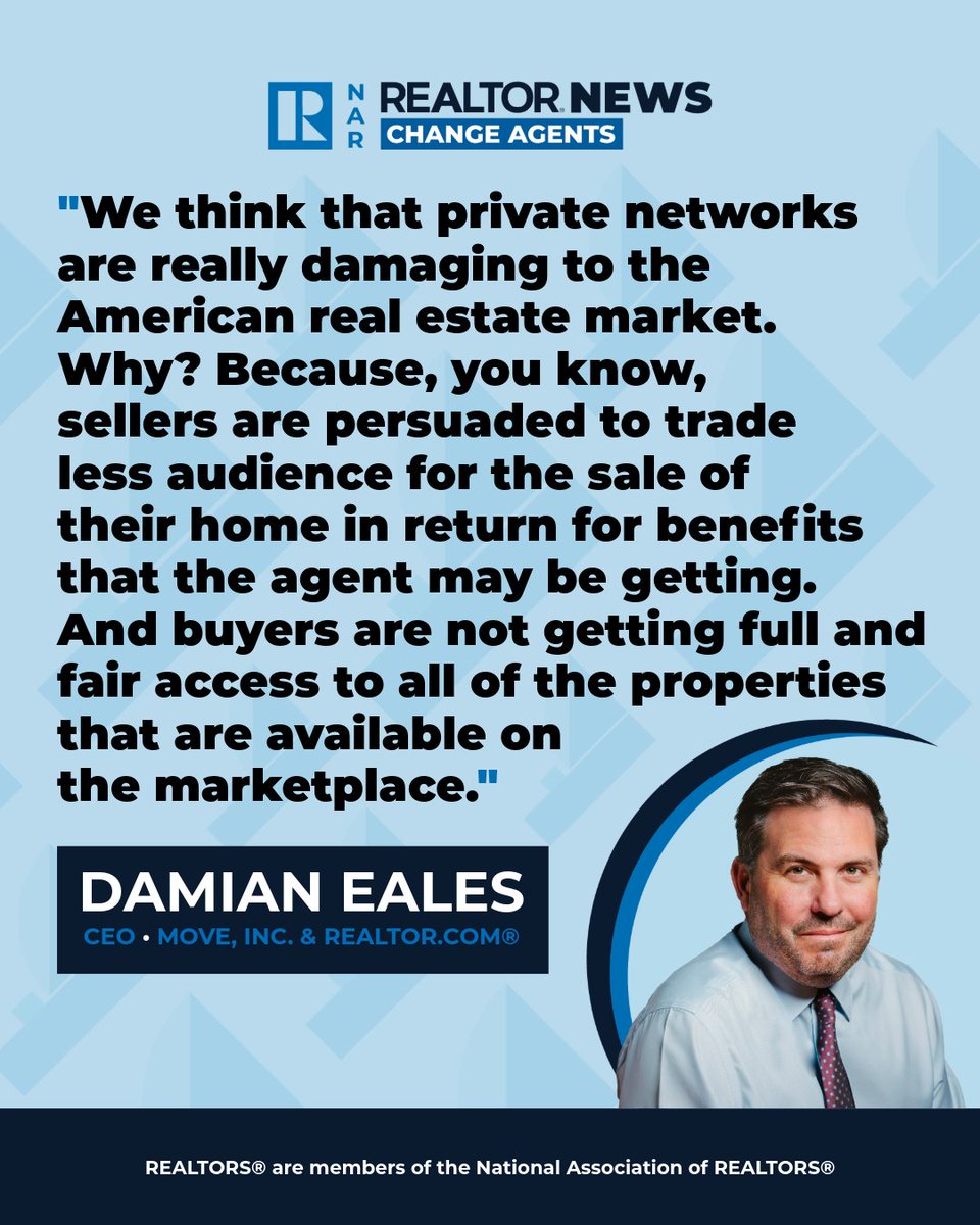 realtormag's tweet photo. The future of real estate is being shaped by transparency and open marketplaces, says Move, Inc. CEO Damian Eales. 

Hear more of his thoughts on why private listing networks could harm both buyers and sellers, and why the MLS system remains one of the defining strengths of the U.S. housing market on the latest episode of the “Change Agents” podcast. 

🎧 Listen now! https://t.co/K4ZLZb3obP