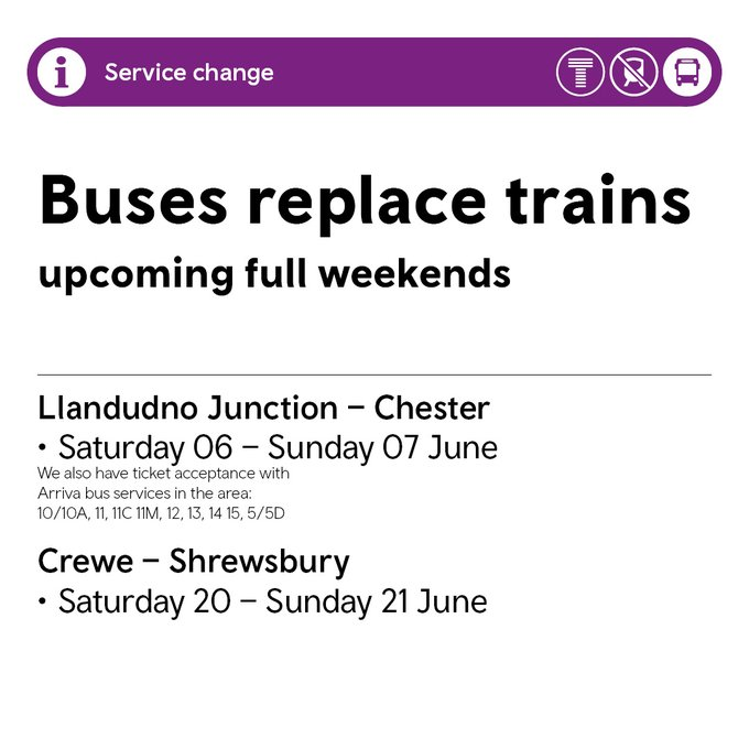 tfwrail's tweet photo. 🛠️ Upcoming Weekend Engineering Works:

📍Llandudno Junction - Chester
📌6 – 7 June

📍Crewe – Shrewsbury
📌20 – 21 June

🚍 Replacement buses will run

⚠️ Check before you travel
🗺️https://t.co/CfLjx3m7Sr
🔗https://t.co/sudaQxXaft
🔗https://t.co/yzMb2ejQYh https://t.co/sZ7BKbz5QJ