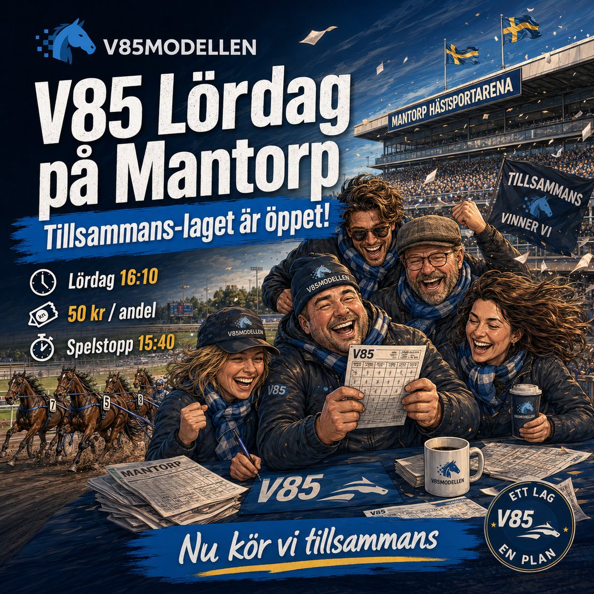 v85Modellen's tweet photo. Mantorp. V85. Lördag. 💥
Tillsammans-laget är öppet.
 50 kr/andel
 Spelstopp 15:40
Nu kör vi — häng på här 🤝
 https://t.co/HUZ0grs5Xj https://t.co/MdODQK7fSn