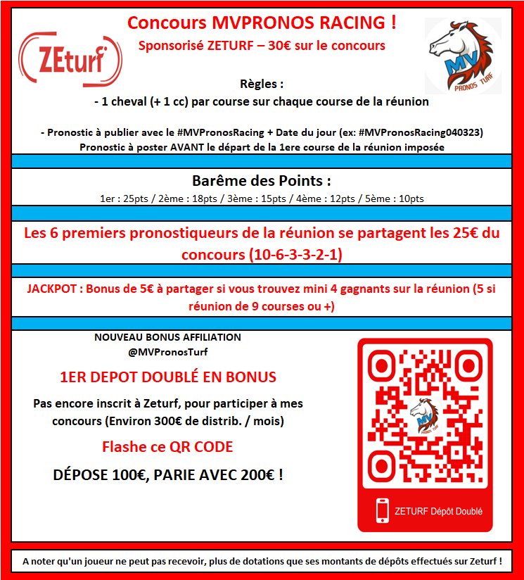 MVPronosTurf's tweet photo. 🐎🏎️ Concours MVPronos Racing @ZEturfFr
📅06/06/26🏁

🆕 NOUVEAU🆕
➡️ Postez votre prono EN RÉPONSE sous ce tweet 👇

➡️Pronos :
🔹 #MVPronosRacing060626
🔹ID Zeturf
🔹1 cheval (+1cc) / course
🔹R1 VINCENNES - 9 Courses
⏱️13h23
💴30€ À GAGNER

💓🧐OUVERT À TOUS🧐🔄

#MVPronosTurf #MVPronos