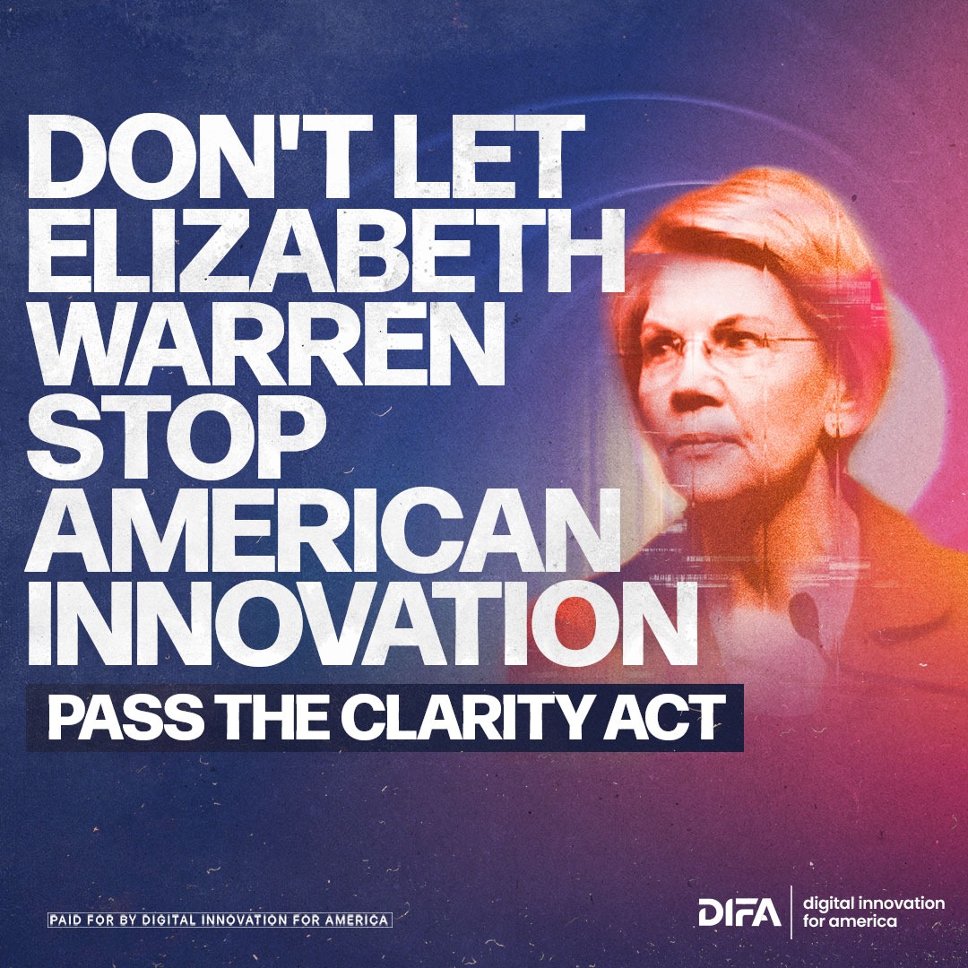 DIFA_USA's tweet photo. Don’t let Sen. Warren stop American innovation. The CLARITY Act would keep America first and support the growth of crypto in the US! 🇺🇲