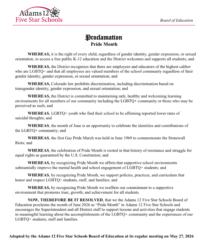 libsoftiktok's tweet photo. Adams12 Five Star Schools (@Adams12) in Colorado adopted a Pride Month proclamation declaring that students have the "right" to express their made-up gender identity, and will prohibit "discrimination," and will push LGBTQ propaganda into school curricula.

They want to indoctrinate your children into becoming trans.