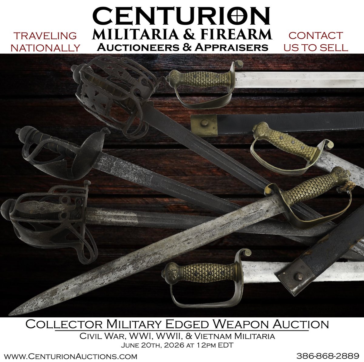 CenturionArms's tweet photo. Military Edged Weapon Collector Auction - Civil War, WWI, WWII, Vietnam | Swords, Daggers, Fighting Knives, Bayonets, Theater Made, Commemorative, Presentation

Online Bidding & Auction Details:
https://t.co/kANEr1rcMv

In-House Global Shipping Is Available

The June 2026 Military Edged Weapon Collector Auction brings to market an expansive offering of edged weapons from collections across the US. The auction offers edged weapon collectors an expansive variety of collectible military swords, knives, daggers, bayonets, bolos, machetes, fighting knives, theater made knives, knuckle knives, SOG / OSS / SOE / special forces knives, folding & straight knives, hewers, tantos, wakizashi, katanas, dirks, Gurkhas, switchblades, limited edition commemoratives, one-of-a-kind & specialty pieces, and presentation swords & daggers.

​The military edged weapons ​span the 17th to 21st centuries., and include various conflicts, countries, and militaries from around the world. ​Primary conflicts revolve around US Civil War, Indian Wars, Spanish-American War, WWI, WWII, ​Cold War, Korean War, Vietnam War, Gulf War​, & current conflicts.

***********************************

The Collector Military Edged Weapon Auction is comprised of edged weapon collections consigned to sell from military museum deaccessions, military dealer inventory, lifelong collector military edged weapon collections, and estate / trust military edged weapon collections across the United States.

Considering selling a military edged weapon collection? Speak with us today.

Our comprehensive edged weapon auction marketing platform is a powerful conduit to ensure your collectible military edged weapons reach millions of serious collectors around the globe.

We travel nationally to meet with clients, consult on collections, and to pick up & transport collections.

As an alternative to consignment, we also purchase collections (receive immediate payment).

Consignment & Sale Inquiries: 850-294-7121 | Sell@CenturionAuctions.com

***********************************

AU3798, AB3250, 22.5% Buyers Fee
