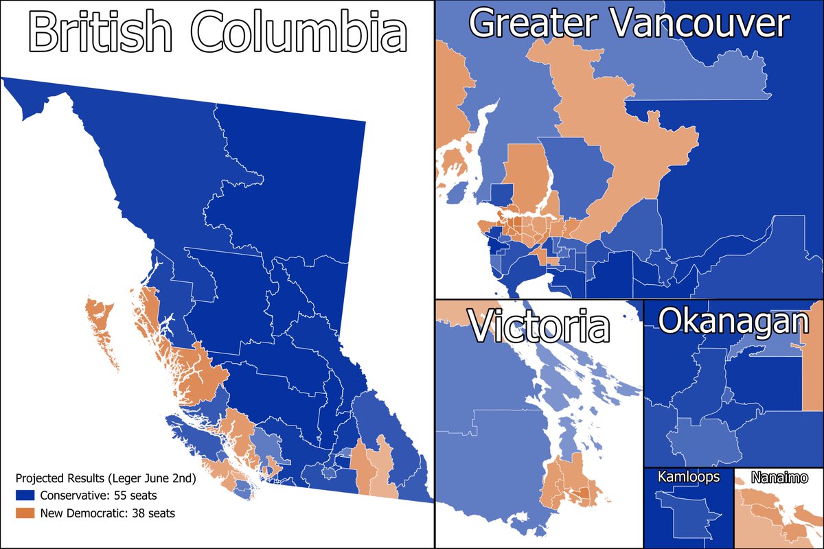 RealAlbanianPat's tweet photo. Latest BC Leger Poll modelled out

🔵CON: 55 seats (+11)
🟠NDP: 38 seats (-9)
🟢GRN: 0 seats (-2)

🔵BC Conservative Majority Government

(+/- change from 2024 BC election)

Feel free to ask for any ridings https://t.co/71yIZLNa0J