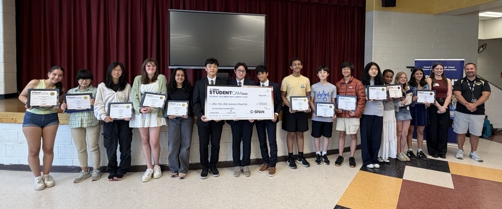 CSPANClassroom's tweet photo. A warm thank you to @GovWesMoore, Senator @ChrisVanHollen, @RepRaskin, and @EasternMS_Prin Lisa Shorts for helping us to recognize and celebrate the achievement of the prize winning students Ethan, Rahm, Daniel, Ruby, Madeline, Sonia, Florence, Alma, Chelsea, Henok, Tina, Zadie, Noor, Jeremy & Haohan at Eastern Middle School in @MCPS, Maryland. 

So fun to see Senator Van Hollen's staff assistant and EMS almuni Faina Pensy reconnect with teacher Dr. Warren Scheib who was also her teacher adviser when she won 3rd prize in the @StudentCam competition!