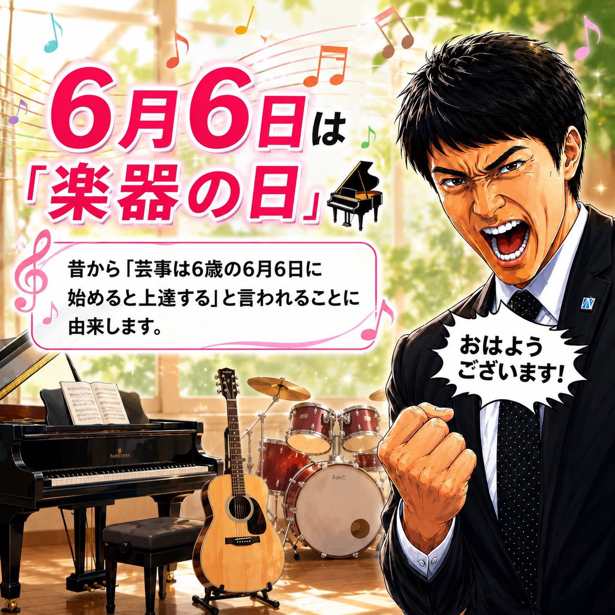 hanzawa_real's tweet photo. おはようございます。
Real Hanzawa起床！

6月6日は「楽器の日」🎹🎸
昔から「芸事は6歳の6月6日に始めると上達する」と言われることに由来します。音楽に限らず、新しい挑戦を始めるのにぴったりの日。何歳からでも、一歩踏み出した瞬間がスタートです。 https://t.co/zZ21kDZ95k