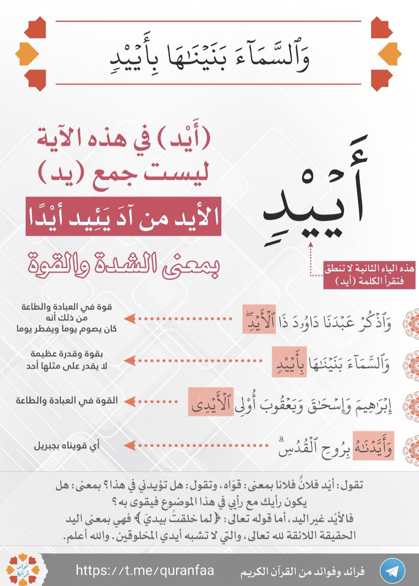mqrouclub's tweet photo. قال تعالى: {والسماء بنيناها بأييد وإنا لموسعون}.

*الأيد في هذه الآية ليست جمع يد، الأيد من آد يئيد أيدا، أييد بمعنى الشدة والقوة.

#الجمعة #يوم_الجمعة #ساعة_استجابة https://t.co/soOkZyUHqh