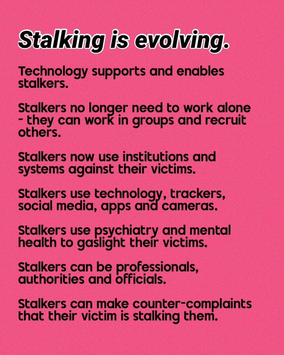 DrJessTaylor's tweet photo. The stereotype of a ‘stalker’ is so strong that even victims struggle to realise how varied stalking can now be. 

Stalking can be any of these tactics, all of these tactics - and many, many more. 

Professionals desperately and urgently need to understand these presentations too - so they stop dismissing victims and missing cases of stalking because they are not ‘traditional’.