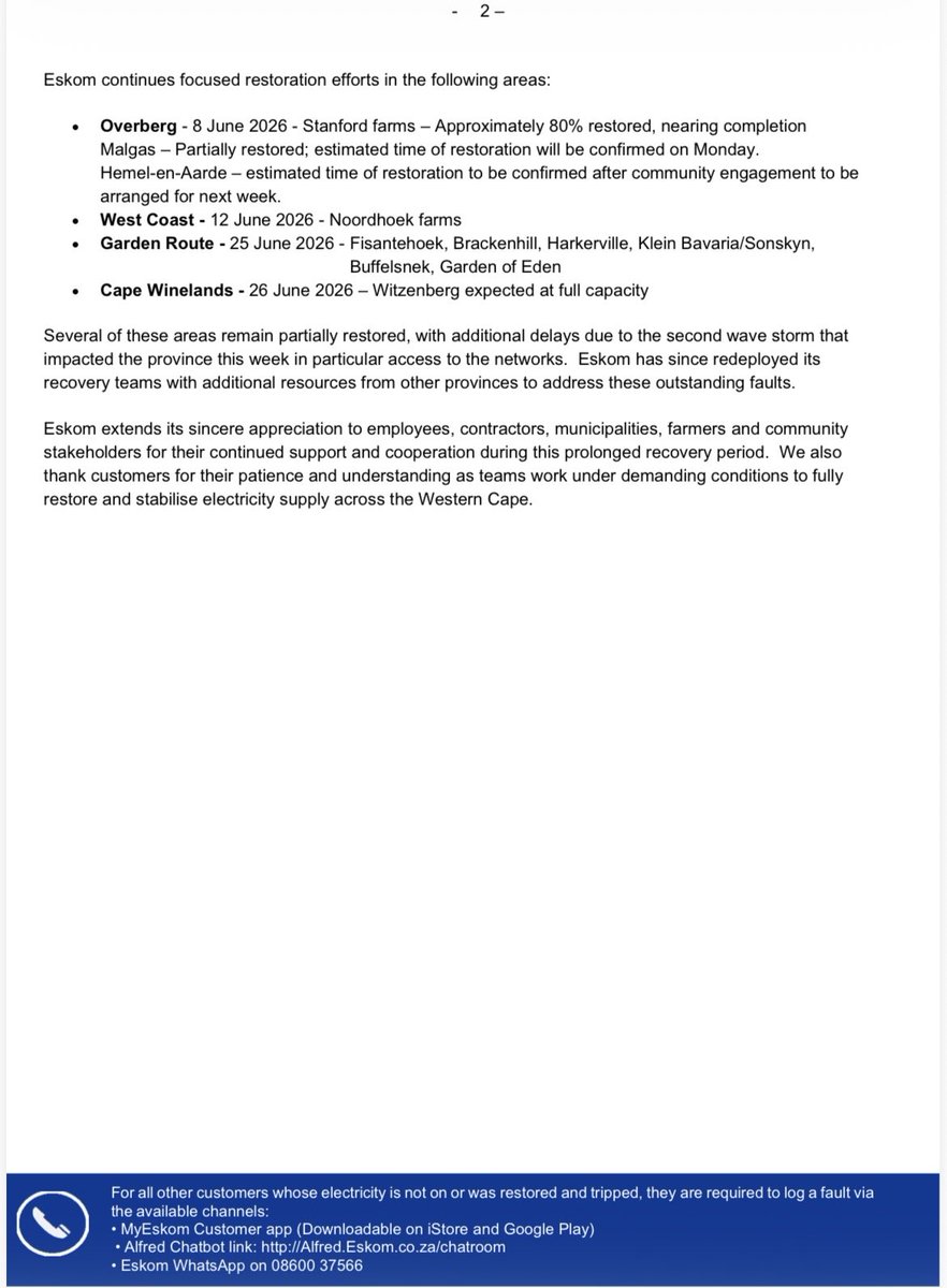 Eskom_SA's tweet photo. #EskomWesternCape
#StatusUpdate
#ElectricityUpdate https://t.co/wT9XWthcED