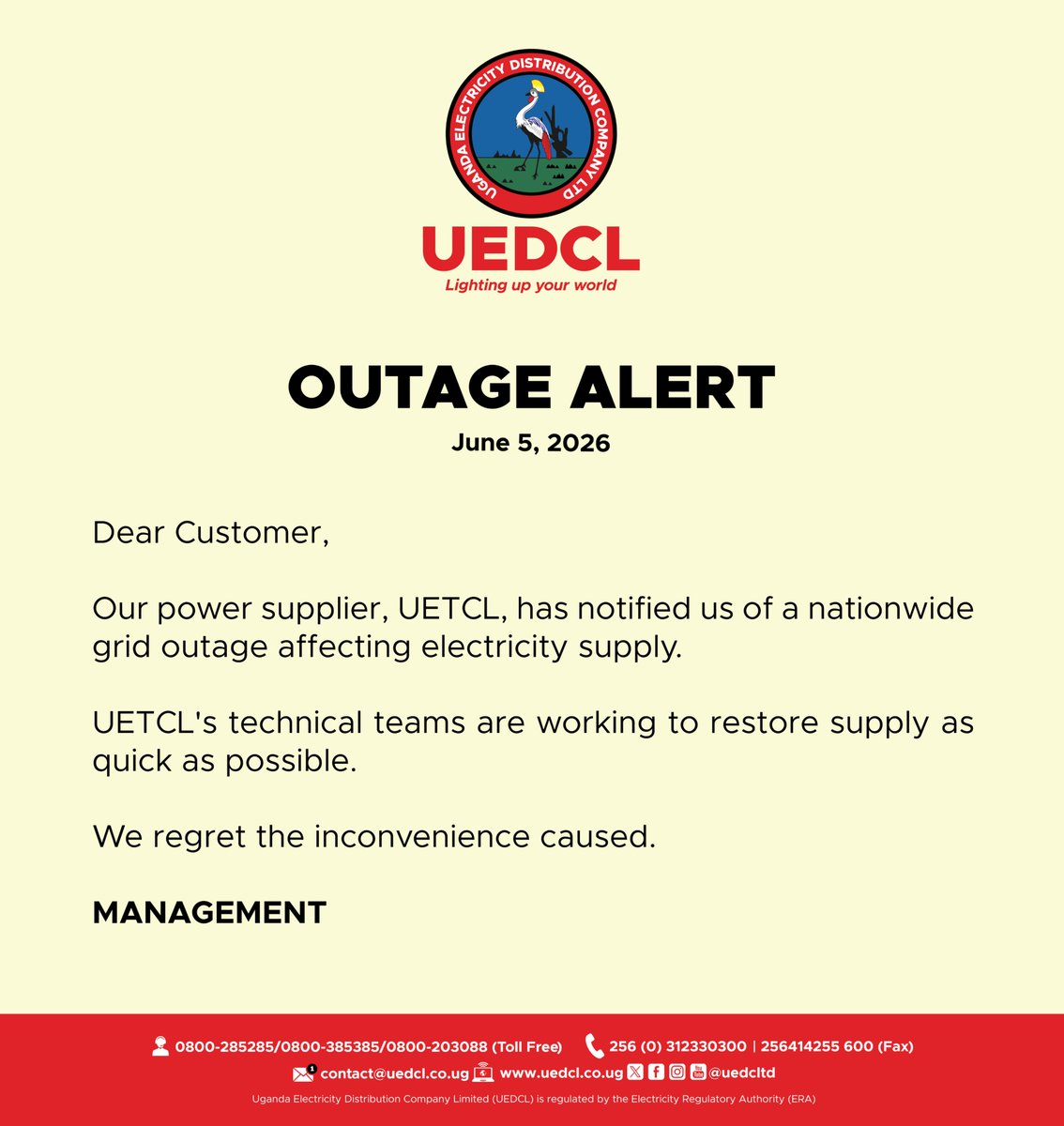 DailyMonitor's tweet photo. Uganda is facing a nationwide power blackout following a grid failure today, June 5, 2026. Distribution company UEDCL announced that the bulk supplier, UETCL, reported an emergency affecting electricity supply across the country.

#MonitorUpdates https://t.co/ns9EPv8L00