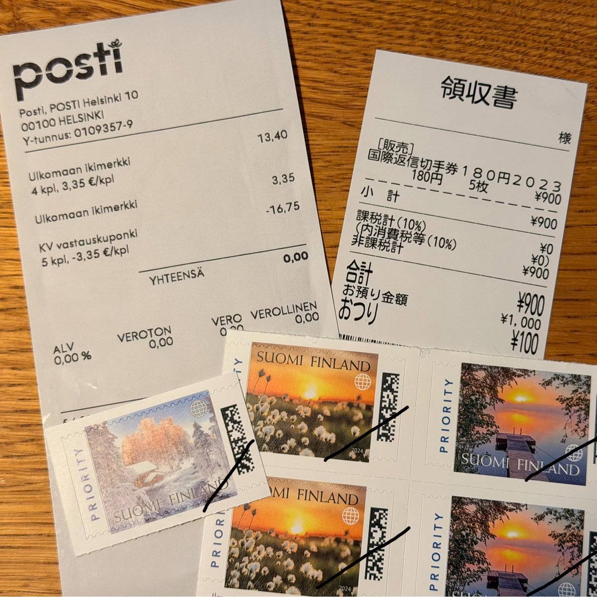etsuro's tweet photo. フィンランド郵便6月の爆値上げで日本へのハガキ／書状20gまでの航空郵便が3.35€に。なんと約620円…絵ハガキ一枚その値段はありえん！思い立ち日本で国際返信切手券IRCを買ってみた。180円、約0.97€。これを🇫🇮の郵便局で国際郵便専用切手に交換できる。なんと71%引きでハガキ／書状がだせることに。 https://t.co/ZeF6i4jPGY