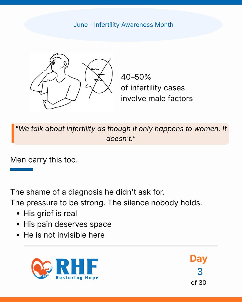 rhf_ug's tweet photo. We talk about infertility as though it only happens to women.

It doesn't.

Male factor infertility accounts for 40–50% of cases globally. Yet men are largely invisible in this conversation. 🤍

#InfertilityAwarenessMonth #MaleInfertility https://t.co/oX3ra6kAu9