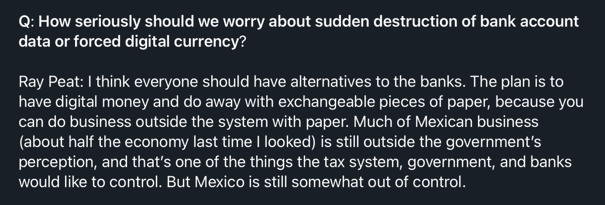 dannyroddy's tweet photo. "I think everyone should have alternatives to the banks. The plan is to have digital money and do away with exchangeable pieces of paper, because you can do business outside the system with paper..."

— Ray Peat (2022) https://t.co/NBO5j50Bqn