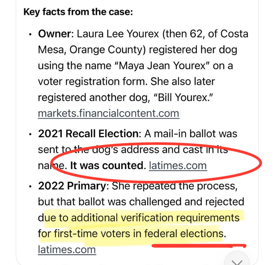 qc_cin's tweet photo. @Buscusriot @Elex_Michaelson Can you read?
The dog’s vote was COUNTED.
The second dog she registered was rejected due to additional FEDERAL verification requirements. https://t.co/t0WI7iOeTe