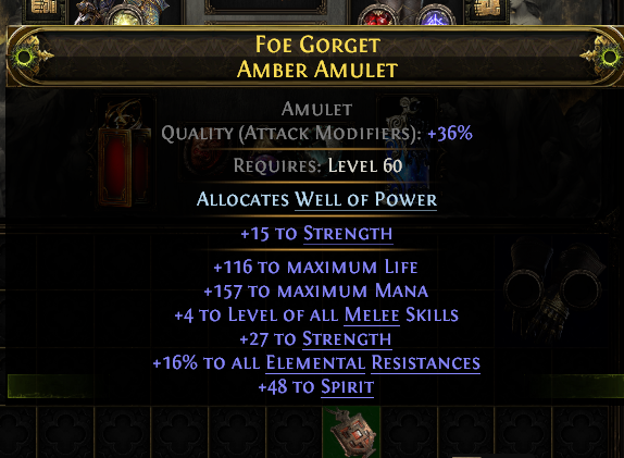 NeverSinkDev's tweet photo. Crafting advice, but... may get changed.

You can use an 'Essence of the Breach' to grant an amulet/ring '+20% max quality'.

At 34% qual: +3 to skills become +4.

Now remove the qualmod... and keep the quality.
(Whittling+Chaos 100% removes it)

This is how I crafted my amu. https://t.co/yuuUh5EBEg