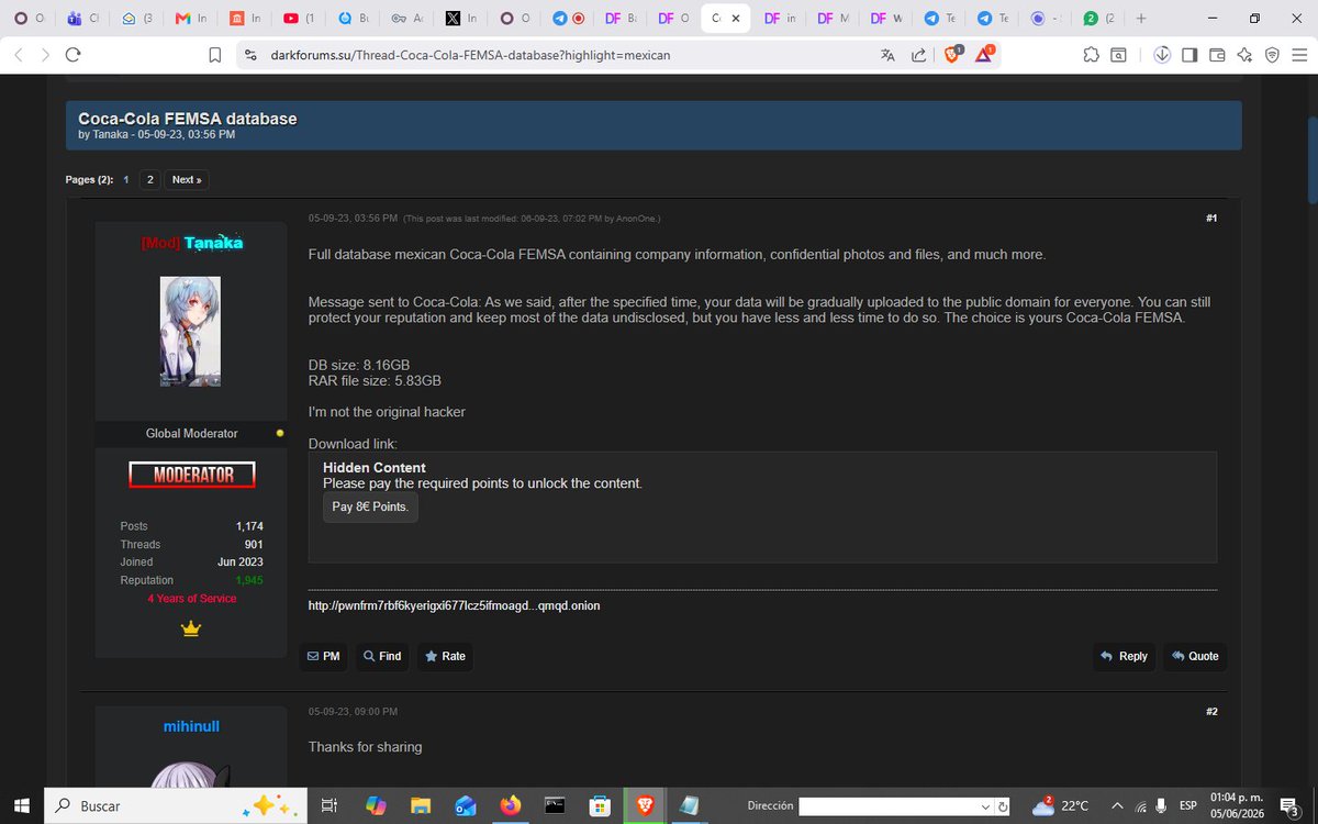 HackersOIHEC's tweet photo. Alguien ofrece la base de datos de @CocaCola en darkforums. https://t.co/7a5CPDxsob