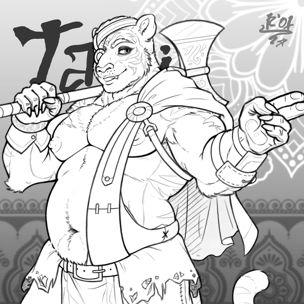 SrTexugo01's tweet photo. 🐯 Tai 🪓

 I made this drawing of @luiztoon7's warrior bounty hunter OC (character chosen by him) as a thank you for drawing some of my OCs.
#Furry #FurryArt #Art #BRart #DigitalArt #Tiger #Warrior #IndianTiger #Indian #Strong #Musclegut #Hunter #BountyHunter #LineArt https://t.co/uGV0tfew8Q