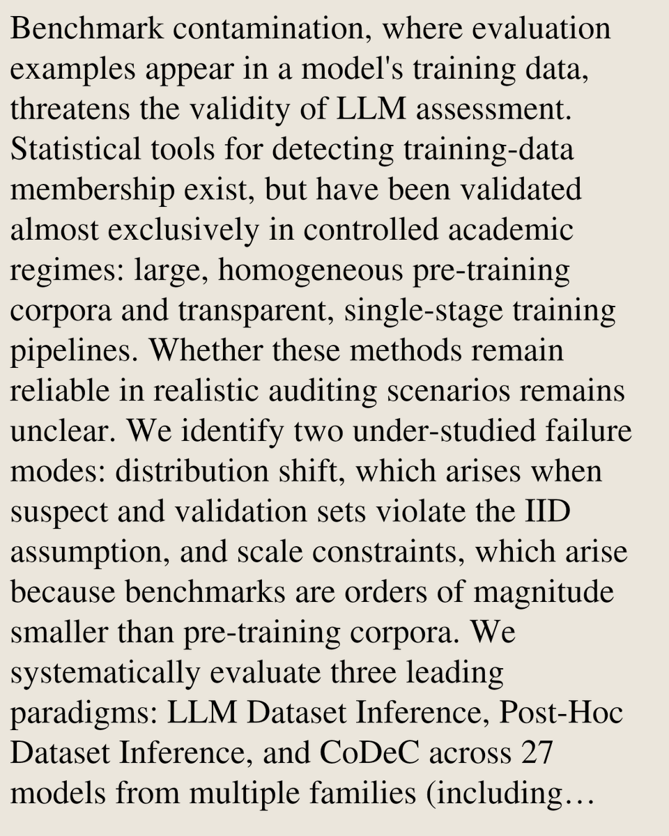 SciFi's tweet photo. The Reliability Gap in Benchmark Auditing: Distribution Shift and Scale as Failure Modes of Contamination Detection

Wojciech Zarzecki, Jan Dubiński, Sebastian Cygert
https://t.co/ZbtI27za5S [𝚌𝚜.𝙰𝙸] https://t.co/LeVA32pqR5